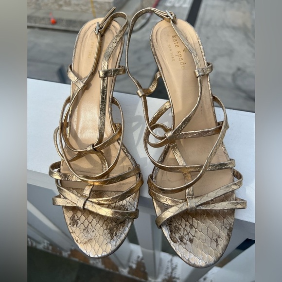 Kate Spade gold strappy wedge sandals snakeskin pattern sz 9.5B party preppy - Picture 4 of 11
